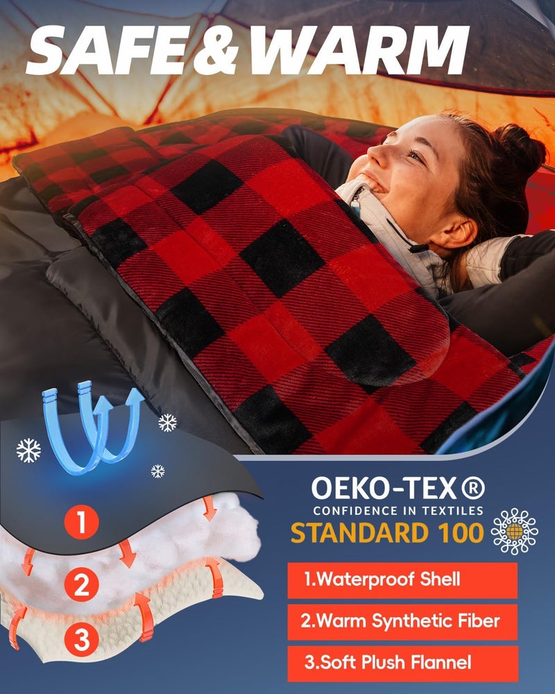 Mereza Flannel Double Sleeping Bag for Adults Cold Weather, XL Queen Size Sleeping Bag for All Season 2 Person Big and Tall Sleeping Bags for Camping 0 Degree with Pillow - Image 3